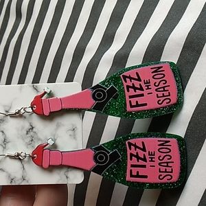Acrylic Alcohol Christmas Earrings 1 x 3 inches Pink & Green Glitter